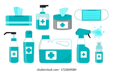 Desinfección vectorial de conjunto. Ilustración de higiene corporal. Se muestran los frascos para el saneamiento manual, la máscara quirúrgica, el gel antiséptico. Se muestran frascos de pulverización, toallitas húmedas, jabón líquido. Líquidos distintivos para EPI.