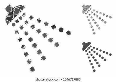 Disinfection shower mosaic of humpy pieces in different sizes and shades, based on disinfection shower icon. Vector humpy items are grouped into mosaic.