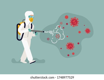 Disinfection specialist at work. Flat vector illustration on virus fighter character wearing individual protection vest, mask, goggles and gloves, spraying contaminated area with disinfectant