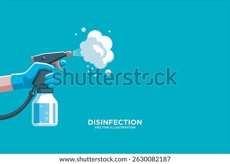 Disinfection Spray Bottle Vector. Flat vector of a gloved hand holding a disinfectant spray bottle, releasing mist. Clean teal background, ideal for hygiene, cleaning, or virus prevention themes.