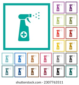 Disinfection spray flat color icons with quadrant frames on white background