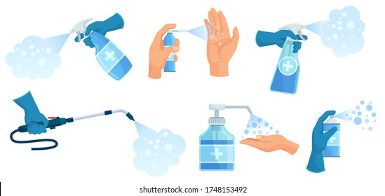 Disinfection spray in hand. Hands sanitizer, sprayed antiseptic and disinfectant container. Medical virus protection spray vector illustration set. Bottle spray to protection and disinfectant clean