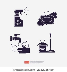 disinfection spray, soap bar and bubble, Washing hand, cleaning Bucket and broom. Clean and disinfect silhouette set icon. Vector illustration