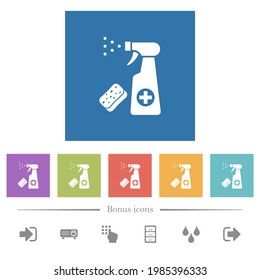 Disinfection spray and sponge flat white icons in square backgrounds. 6 bonus icons included.