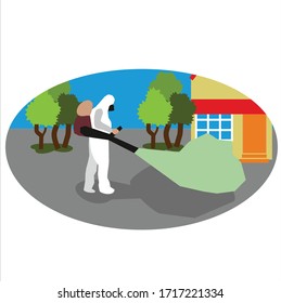 Disinfection of streets, the man in the suit. Vector illustration.