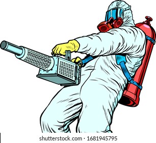 disinfection suit protection epidemic virus bacterium infection. Pop art retro vector illustration kitsch vintage 50s 60s style