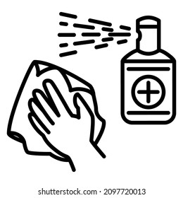 Disinfection, surface sanitization, manual cleaning. A hand with a sponge, a napkin, a bottle of antiseptic. Vector icon, outline, isolated