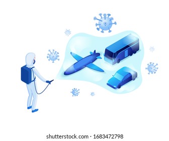 Disinfection of transport from Coronavirus to prevent 2019-nCoV contamination, man in hazmat suit and protective face mask spraying disinfectant on bus, car, airplane, isometric vector 3d illustration