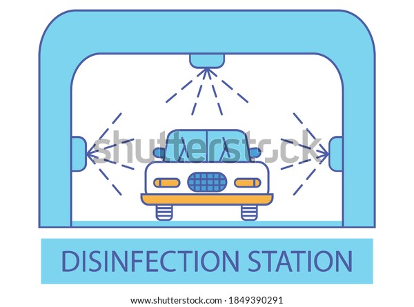 Disinfection tunnel. Sanitizing station or\
services. Sanitation tunnel for vehicle. Clean surfaces in a car\
with a disinfectant spray. Cleaning and washing vehicle. Carwash\
icon. Automotive\
Cleaning