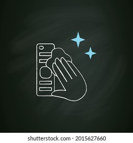  Disinfection Of TV Remote Chalk Icon. Sanitizing Home Items Of Daily Use. Safety Space And Preventative Measures. Isolated Vector Illustration On Chalkboard