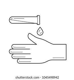 Disinfection vector line icon isolated on white background. Hand and test tube line icon for infographic, website or app.