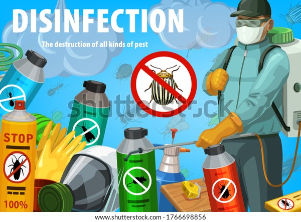 Disinfection vector poster. Insect control worker\
spraying insecticide with pressure sprayer against insects. Pest\
control exterminator in protective suit, aerosol. Colorado beetle\
prohibition sign