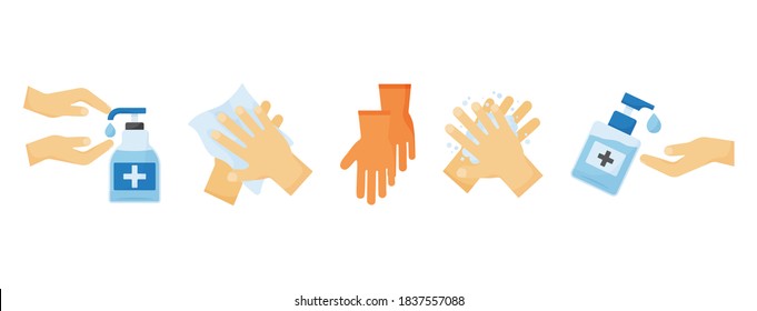 Disinfection vector PPE icon. Hand sanitizer bottles, washing gel, spray, liquid soap, gloves. Hand hygiene for virus. Personal protective equipment. Medical illustration