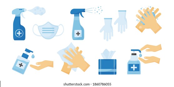 Disinfection vector. PPE icon. Hand hygiene. Set of hand sanitizer bottles, medical mask, washing gel, spray, wipes, liquid soap, gloves. Personal protective equipment.