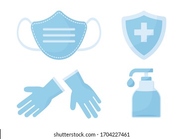  Desinfektion. Symbole zur Virenvermeidung. Gesichts medizinische Maske, Handschuhe, Handsanitizer-Flasche. Krankenversicherung. Vektorillustration