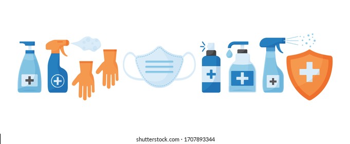 Disinfection. Virus prevention icons. Face medical mask, gloves, hand sanitizer bottles. Medical insurance. Vector illustration
