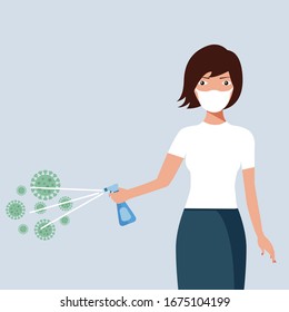 disinfection, woman spraying disinfectant spray to neutralize virus and bacteria such as corona virus