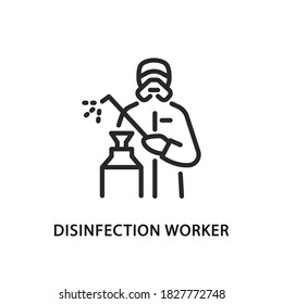 Disinfection worker flat line icon. Vector illustration of a man in protective coveralls wearing a respirator and holding a disinfectant. Pest control service.
