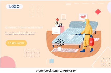 Disinfection in your home landing page temlate with sanitary worker disinfects bedroom to kill viruses and bacteria. Male character in protective suit sprays room with disinfectant solute, quarantine
