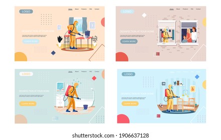 Disinfection in your home set of landing page temlate with sanitary worker disinfects living room to kill viruses and bacteria. Male character in protective suit sprays room with disinfectant solute