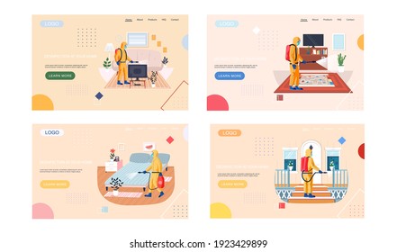 Disinfection in your home set of landing page temlate with sanitary worker disinfects living room to kill viruses and bacteria. Male character in protective suit sprays room with disinfectant solute