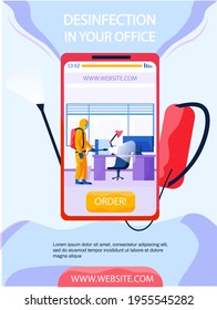 Disinfection in your office concept poster on phone screen. Description of sanitary service