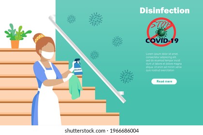 Disinfective housekeeping service. Cleaning maid holding alcohol spraying and wiping on stairs handrail. Idea for disinfection cleaning to protect from COVID-19 coronavirus pandemic.