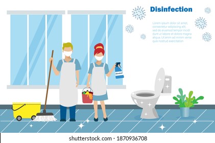 Disinfective housekeeping service , cleaning team holding alcohol spraying on toilets. Idea for disinfective cleaning to protect from COVID-19 coronavirus pandemic.