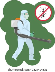 The disinfector carries out treatment against ants. A brown wild ant with a red circle crossed out. Pest Control Sign: No Ants, Stop Ants. Flat infographics. Vector illustration.
