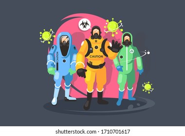 disinfector in a chemical protection suit. Protection from the virus. Biological hazard. Coronavirus.