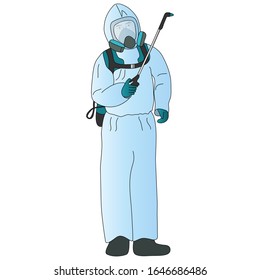 Disinfector in mask and protective suit. Vector illustration. The specialist disinfects the air from the coronavirus infection COVID-19. Isolated background. Fighting virus outbreak with disinfectant.