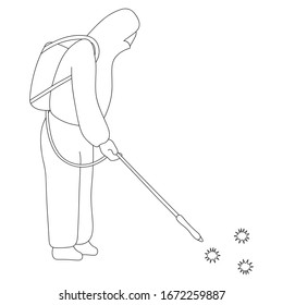 Disinfector in mask and protective suit. Vector illustration. The specialist disinfects the air from the coronavirus infection COVID-19. Sketch. Outline on an isolated background. Coloring book.