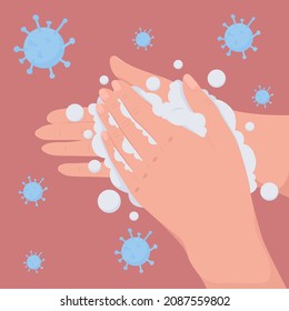 Disinficetion instruction flat color vector illustration. Cleansing in water with soap to avoid bacteria. Prevent virus spread. Washing hands 2D cartoon first view hand with abstract background