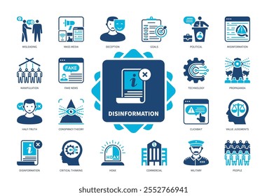 Disinformation icon set. Misleading, Deception, Clickbait, Half-Truth, Value Judgments, Propaganda, Goals, Technology. Duotone color solid icons