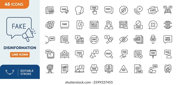 Disinformation line editable icon set. Fake News Related icons set. Contains False information in newspapers, propaganda on social media and disinformation on internet, and more. Vector illustration