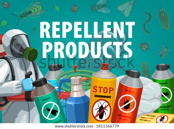 Disinsection, insect control with repellent\
products vector poster. Worker spraying insecticide with cold\
fogger against insects. Pest exterminator in protective suit spray\
aerosols and toxic\
remedy