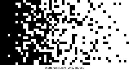 Disintegrate or Dissolve Pixel Pattern. Random Pixels Gradation. Monochrome Style. Black White Square Mosaic Retro Vintage 1-Bit Game Effect. Vector Illustration.