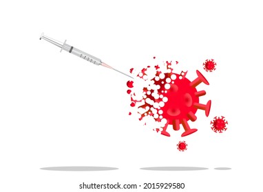 A disintegrated virus. With a syringe over white, vaccination concept, copy space ready.