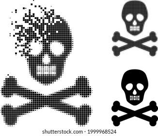 Disintegrating dot death skull glyph with halftone version. Vector destruction effect for death skull icon. Pixel degradation effect for death skull shows motion of virtual items.