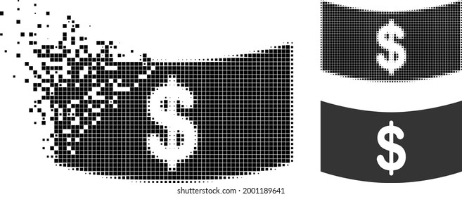 Disintegrating dot dollar banknote icon with halftone version. Vector destruction effect for dollar banknote icon. Pixel disintegration effect for dollar banknote shows motion of cyberspace objects.
