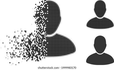 Disintegrating dot user icon with halftone version. Vector wind effect for user icon. Pixel disintegration effect for user shows speed of cyberspace things.