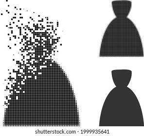 Disintegrating dotted female dress pictogram with halftone version. Vector wind effect for female dress pictogram. Pixel abrasion effect for female dress gives speed of virtual things.