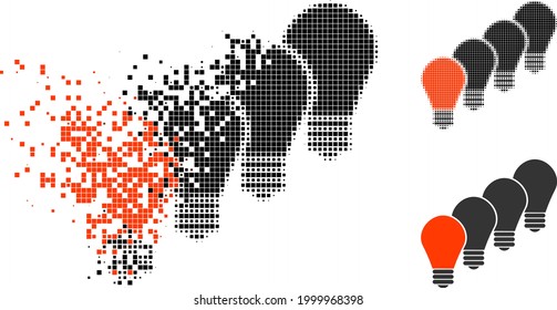 Disintegrating dotted lamp bulbs icon with halftone version. Vector wind effect for lamp bulbs icon. Pixelated disintegration effect for lamp bulbs demonstrates movement of virtual things.