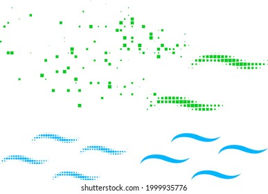 Disintegrating pixelated air pictogram with halftone version. Vector wind effect for air pictogram. Pixel dissolving effect for air demonstrates motion of virtual world.