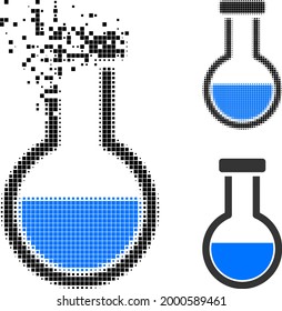 Desintegrando el glifo del frasco de análisis pixelado con la versión de semitono. Efecto de destrucción de vectores para el icono del matraz de análisis.