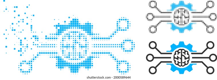 Disintegrating pixelated artificial intellect glyph with halftone version. Vector destruction effect for artificial intellect icon.