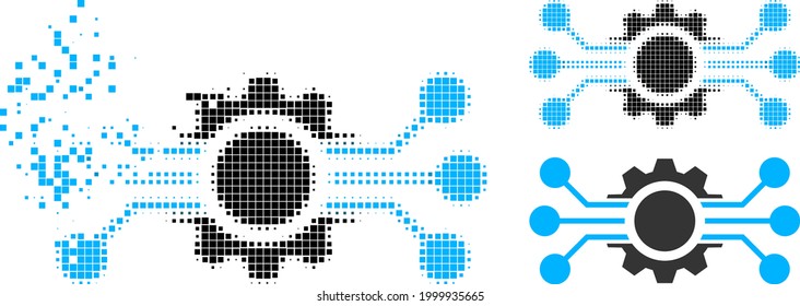 Disintegrating pixelated digital machine icon with halftone version. Vector wind effect for digital machine symbol.