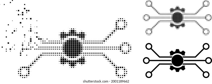 Disintegrating pixelated digital tech icon with halftone version. Vector destruction effect for digital tech icon. Pixelated erosion effect for digital tech gives motion of cyberspace things.