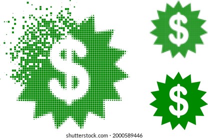 Disintegrating pixelated dollar rosette pictogram with halftone version. Vector destruction effect for dollar rosette pictogram.