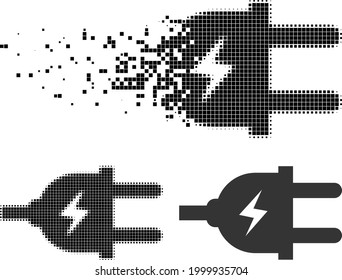 Disintegrating pixelated electric plug pictogram with halftone version. Vector wind effect for electric plug pictogram. Pixelated creation effect for electric plug reproduces motion of virtual items.